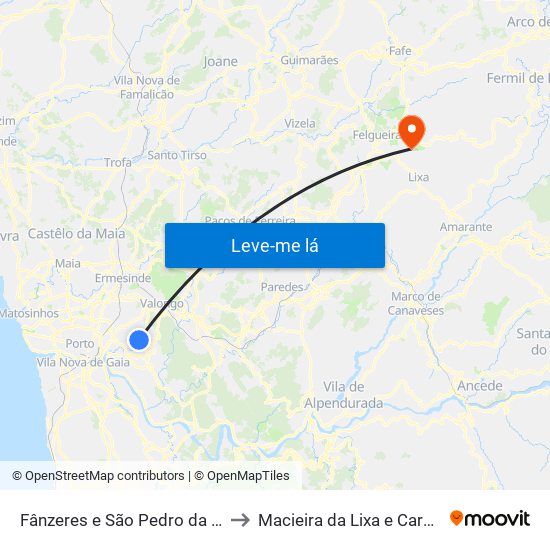 Fânzeres e São Pedro da Cova to Macieira da Lixa e Caramos map