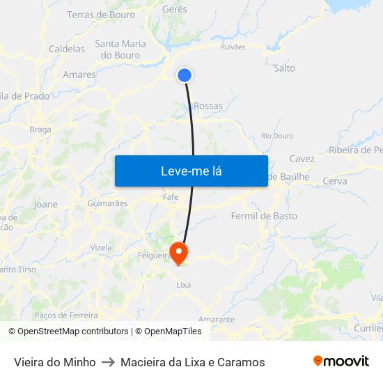 Vieira do Minho to Macieira da Lixa e Caramos map