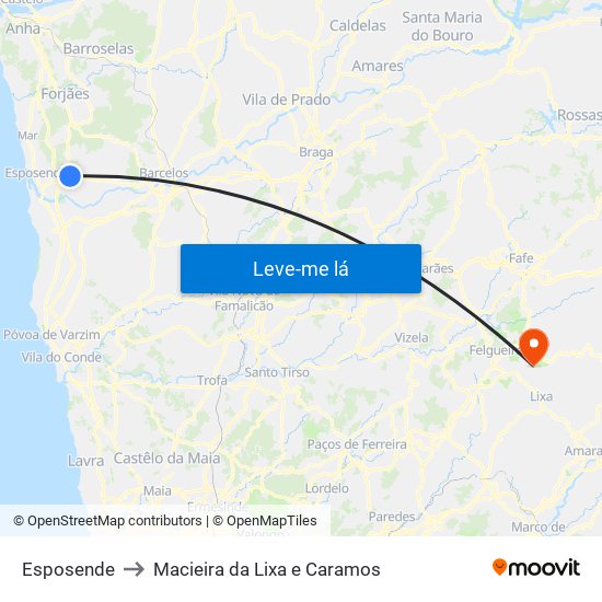 Esposende to Macieira da Lixa e Caramos map