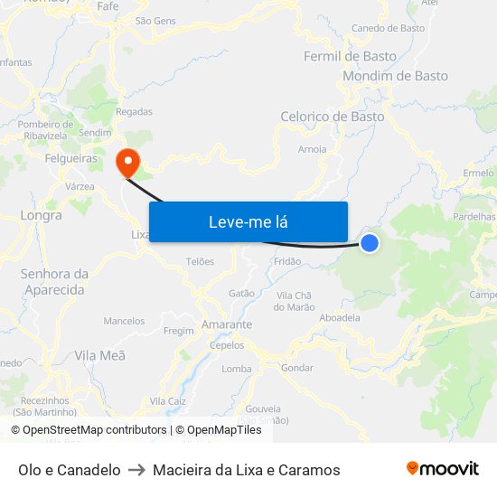 Olo e Canadelo to Macieira da Lixa e Caramos map