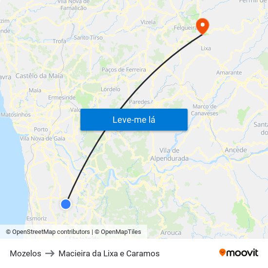 Mozelos to Macieira da Lixa e Caramos map