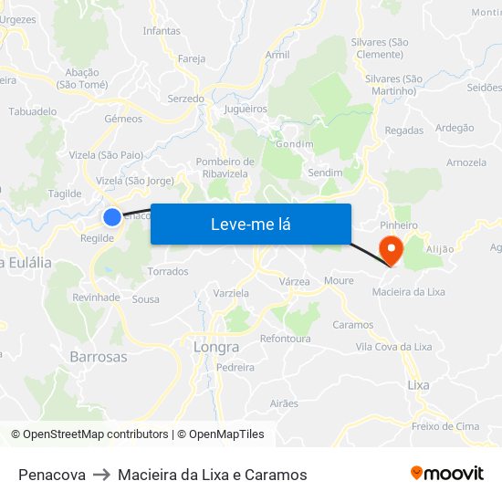 Penacova to Macieira da Lixa e Caramos map