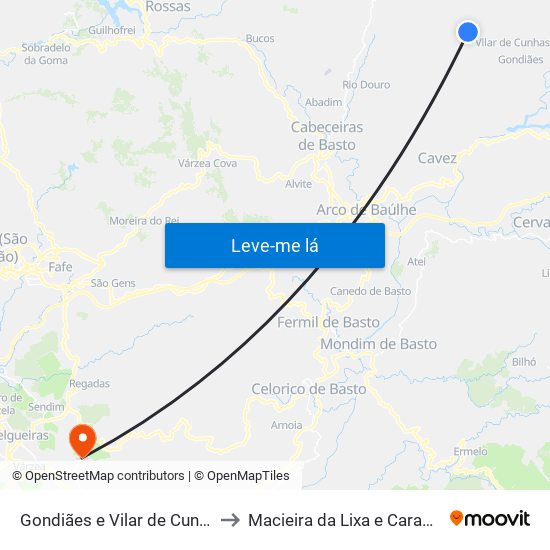Gondiães e Vilar de Cunhas to Macieira da Lixa e Caramos map
