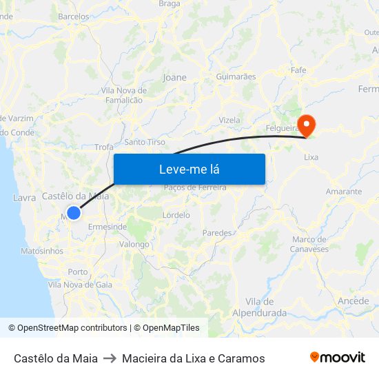 Castêlo da Maia to Macieira da Lixa e Caramos map