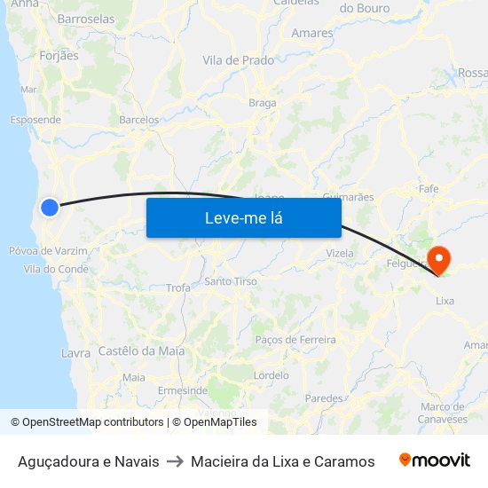 Aguçadoura e Navais to Macieira da Lixa e Caramos map