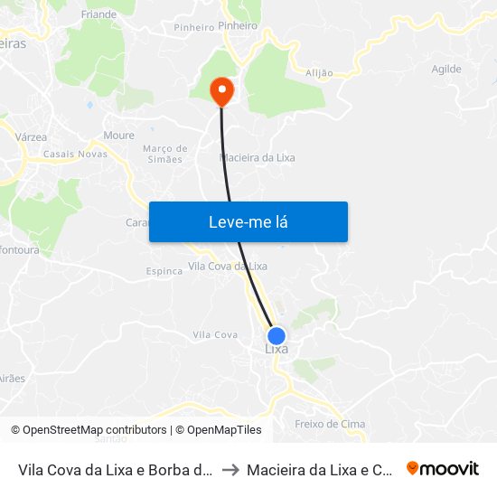 Vila Cova da Lixa e Borba de Godim to Macieira da Lixa e Caramos map