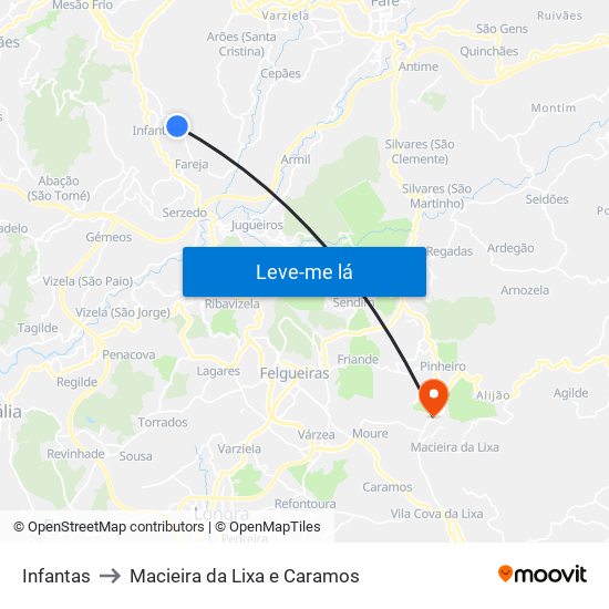 Infantas to Macieira da Lixa e Caramos map