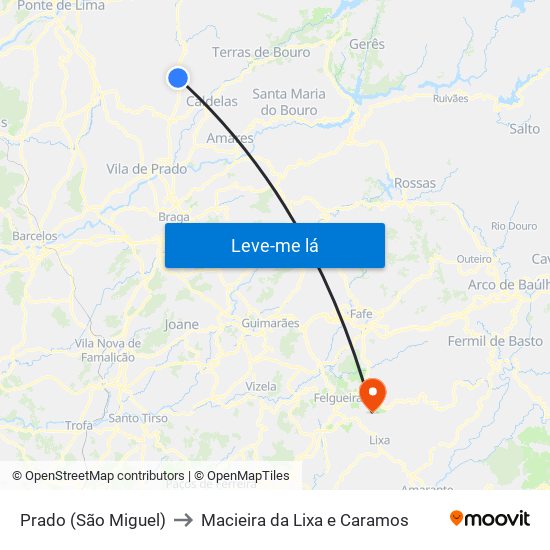 Prado (São Miguel) to Macieira da Lixa e Caramos map