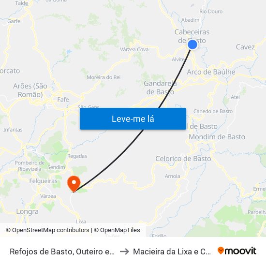 Refojos de Basto, Outeiro e Painzela to Macieira da Lixa e Caramos map