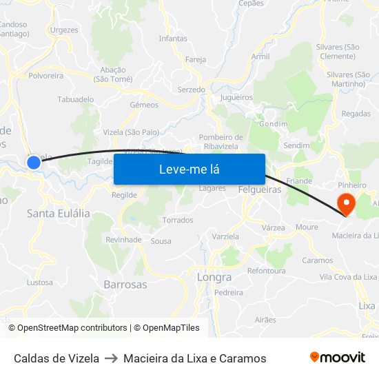 Caldas de Vizela to Macieira da Lixa e Caramos map