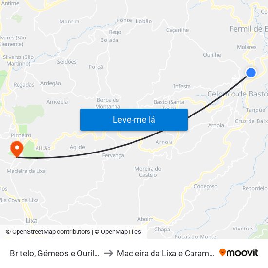 Britelo, Gémeos e Ourilhe to Macieira da Lixa e Caramos map