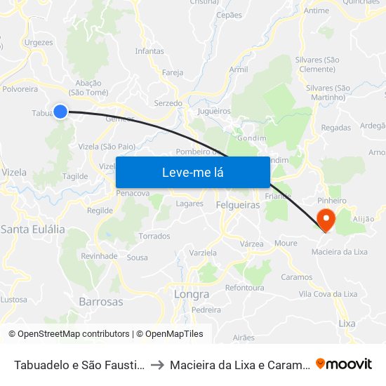 Tabuadelo e São Faustino to Macieira da Lixa e Caramos map