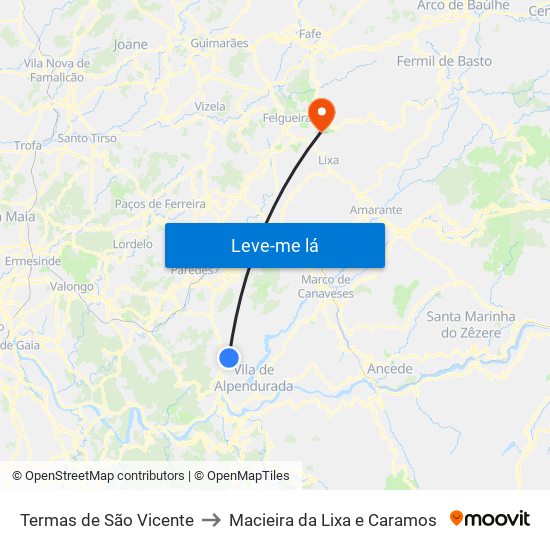 Termas de São Vicente to Macieira da Lixa e Caramos map