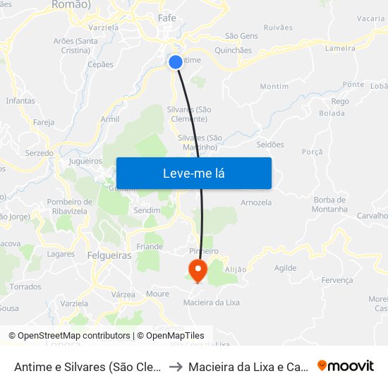 Antime e Silvares (São Clemente) to Macieira da Lixa e Caramos map