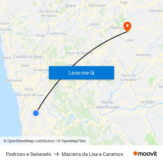 Pedroso e Seixezelo to Macieira da Lixa e Caramos map