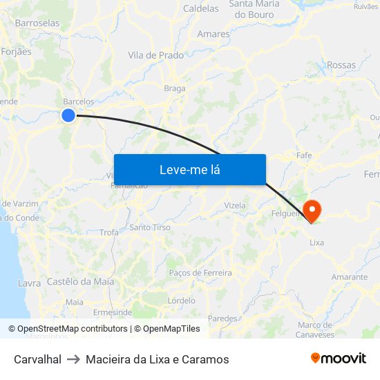 Carvalhal to Macieira da Lixa e Caramos map