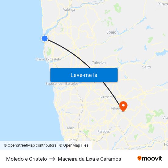 Moledo e Cristelo to Macieira da Lixa e Caramos map