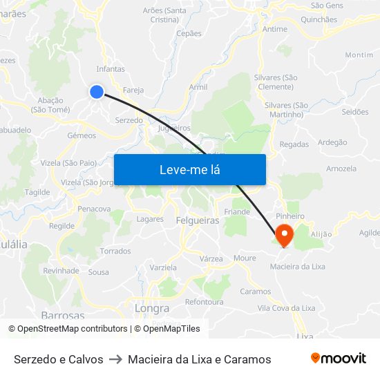 Serzedo e Calvos to Macieira da Lixa e Caramos map