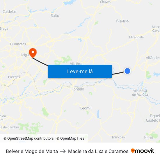 Belver e Mogo de Malta to Macieira da Lixa e Caramos map