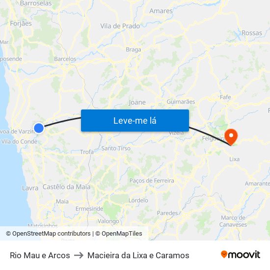 Rio Mau e Arcos to Macieira da Lixa e Caramos map