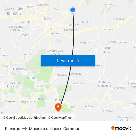 Ribeiros to Macieira da Lixa e Caramos map