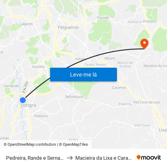 Pedreira, Rande e Sernande to Macieira da Lixa e Caramos map