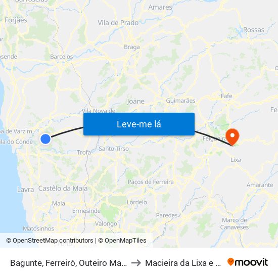 Bagunte, Ferreiró, Outeiro Maior e Parada to Macieira da Lixa e Caramos map