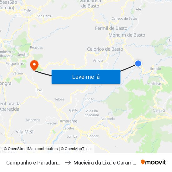 Campanhó e Paradança to Macieira da Lixa e Caramos map