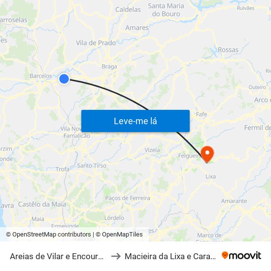 Areias de Vilar e Encourados to Macieira da Lixa e Caramos map