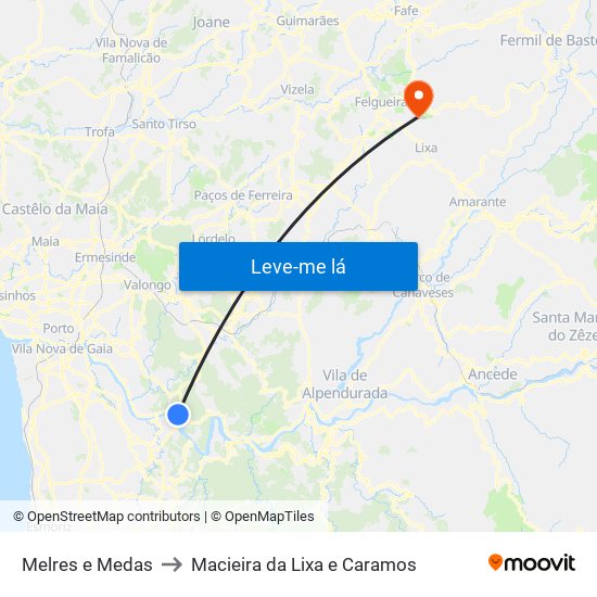 Melres e Medas to Macieira da Lixa e Caramos map