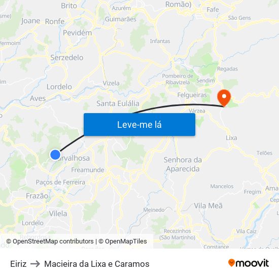 Eiriz to Macieira da Lixa e Caramos map