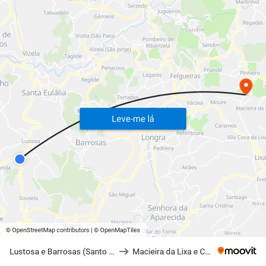 Lustosa e Barrosas (Santo Estêvão) to Macieira da Lixa e Caramos map