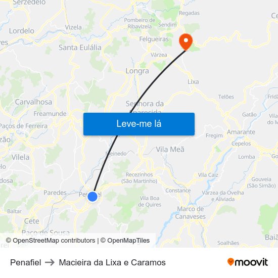 Penafiel to Macieira da Lixa e Caramos map