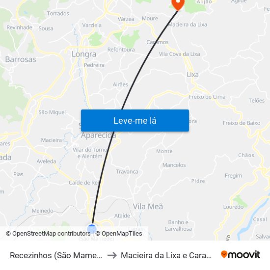 Recezinhos (São Mamede) to Macieira da Lixa e Caramos map