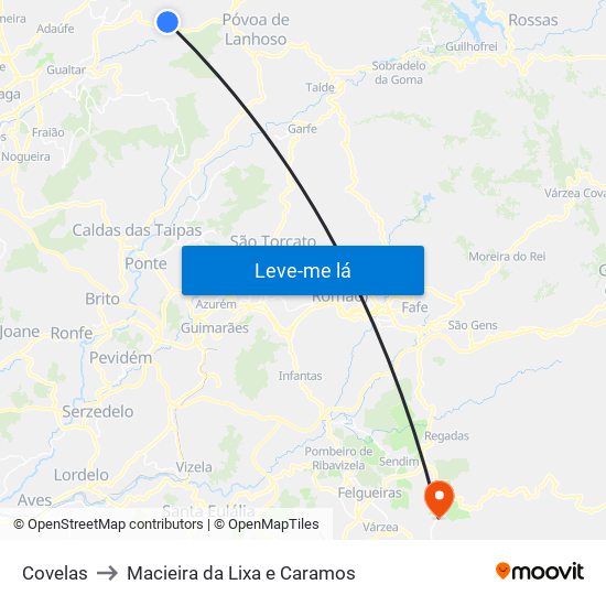Covelas to Macieira da Lixa e Caramos map