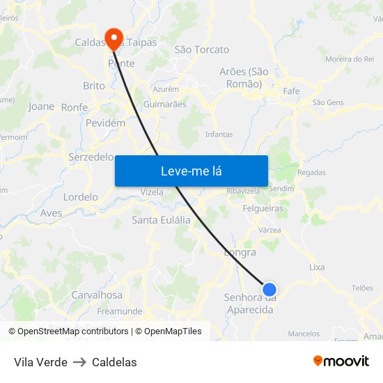 Vila Verde to Caldelas map
