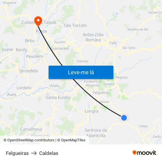 Felgueiras to Caldelas map