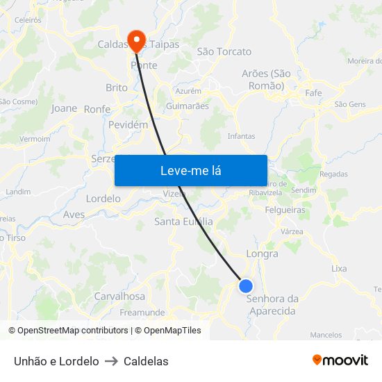 Unhão e Lordelo to Caldelas map