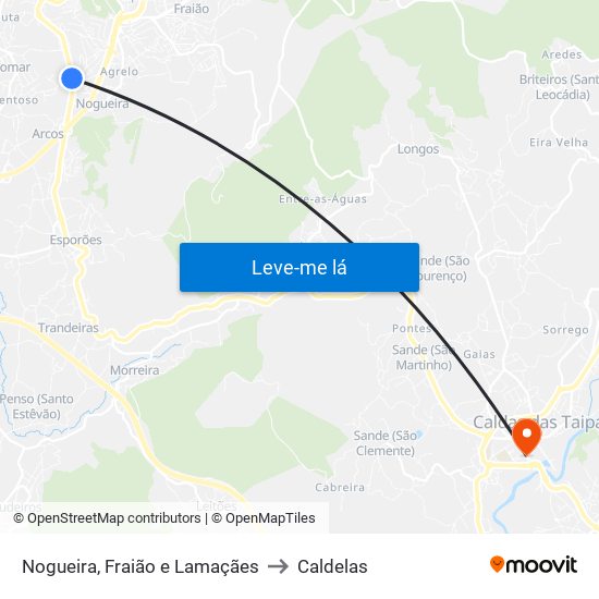 Nogueira, Fraião e Lamaçães to Caldelas map