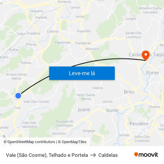 Vale (São Cosme), Telhado e Portela to Caldelas map