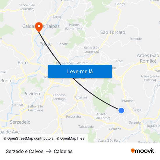 Serzedo e Calvos to Caldelas map