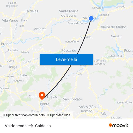 Valdosende to Caldelas map