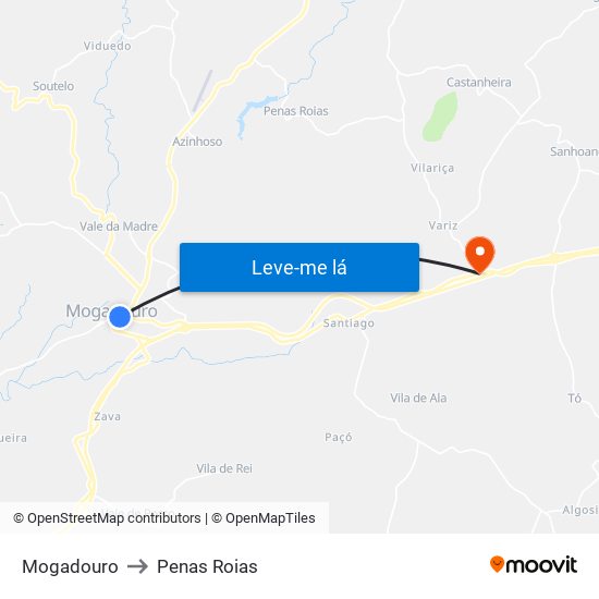 Mogadouro to Penas Roias map