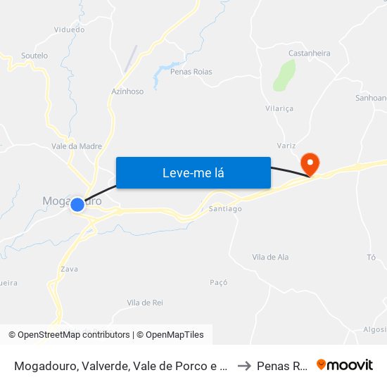 Mogadouro, Valverde, Vale de Porco e Vilar de Rei to Penas Roias map