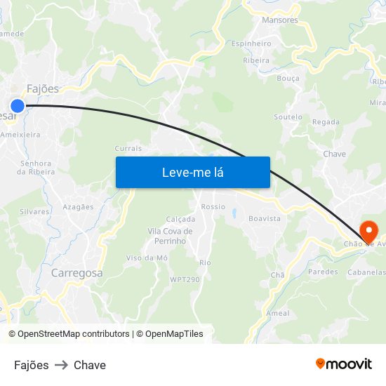 Fajões to Chave map