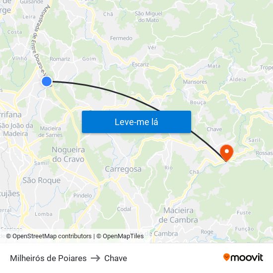 Milheirós de Poiares to Chave map
