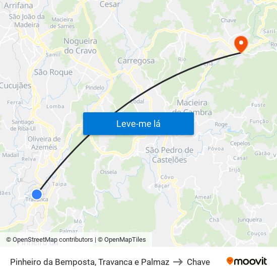 Pinheiro da Bemposta, Travanca e Palmaz to Chave map