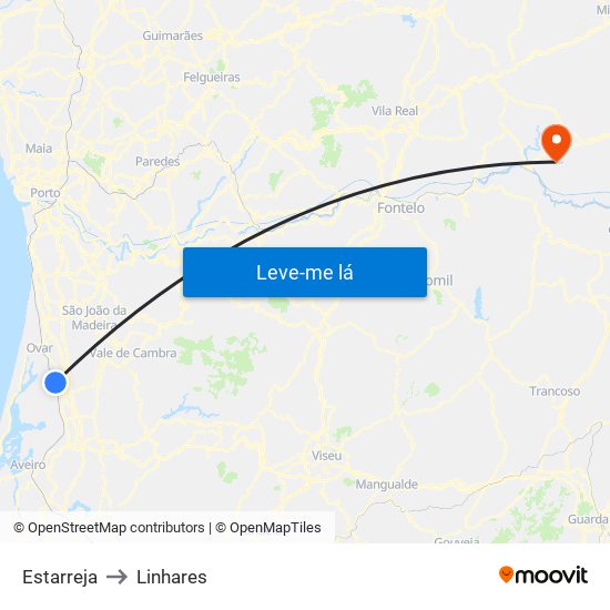 Estarreja to Linhares map