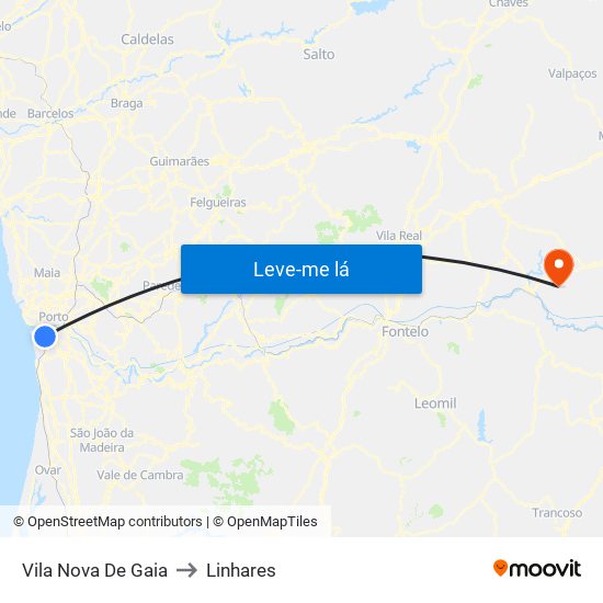 Vila Nova De Gaia to Linhares map