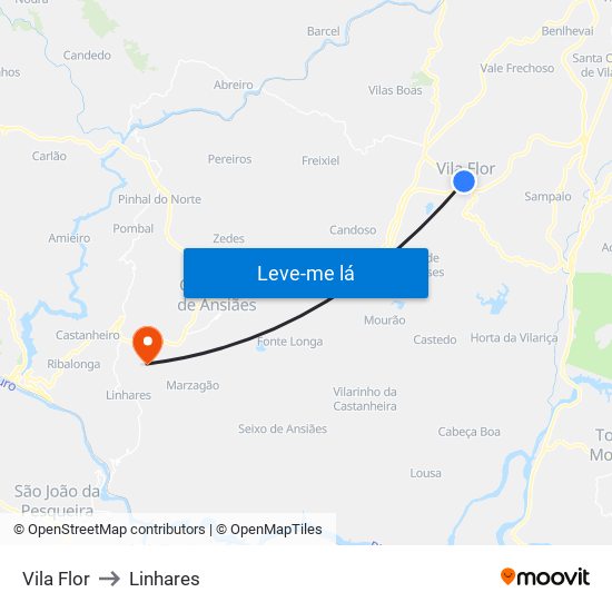 Vila Flor to Linhares map